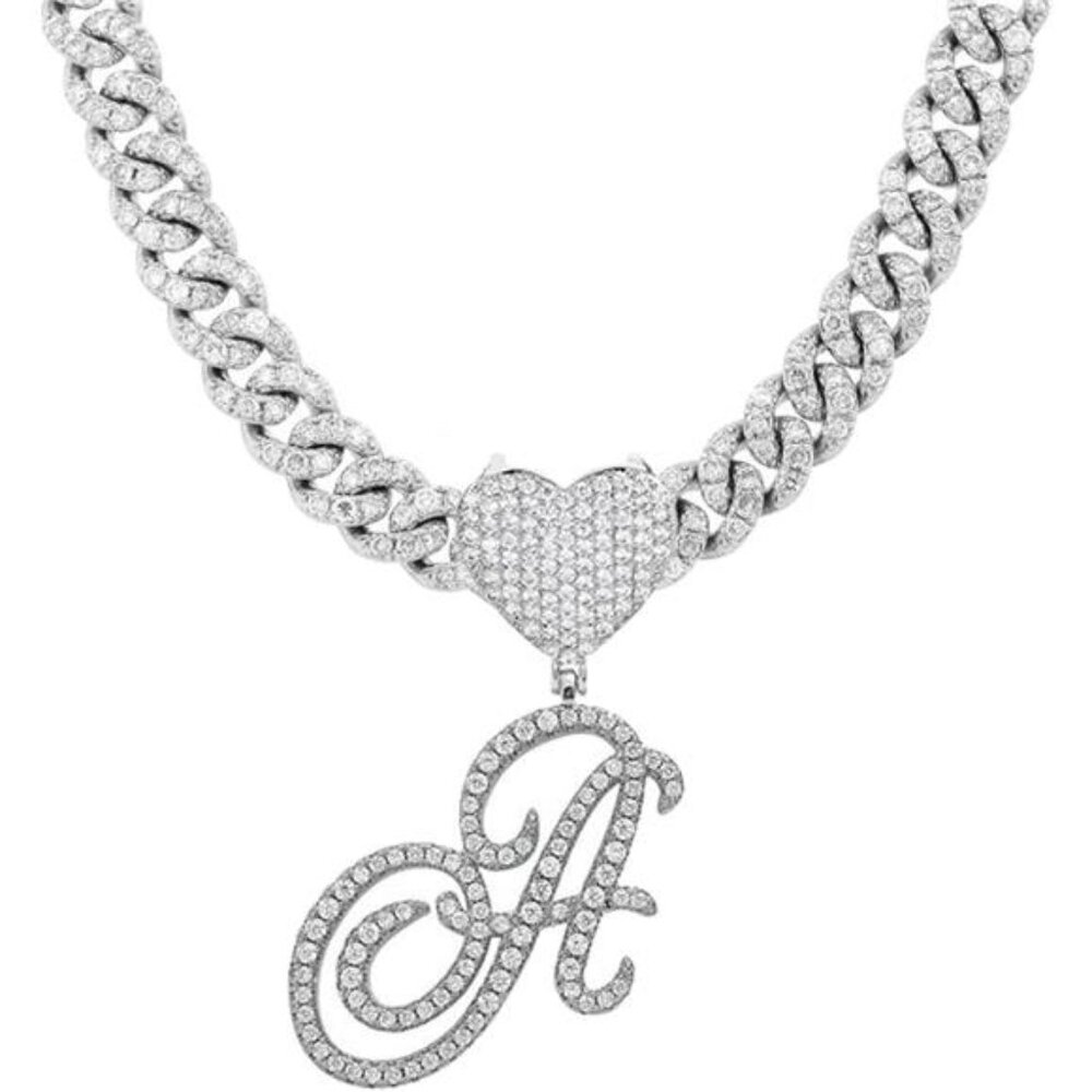 Cuban Link Letter Initial Necklace | Rhinestone Bling Pendant, Sparkly Heart A-Z